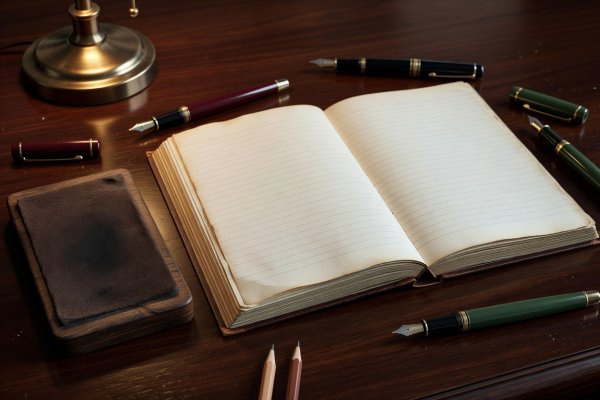 Vintage desk stationery with fountain pens, ink blotter, and official log ledger